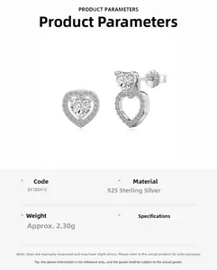 Detailed view of layered S925 sterling silver heart studs with zircon stones