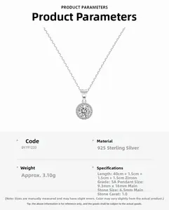 Detailed specifications of S925 sterling silver necklace with 1.0ct cubic zirconia pendant