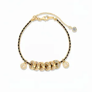 Bracciale in Argento Sterling 925 Nuovo Stile Cinese per Donna Placcato Oro Corda Intrecciata Nera Zirconia Pendente Moneta Gioielli