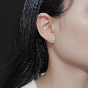 Detail view of S925 sterling silver heart stud earring with pave set cubic zirconia stones