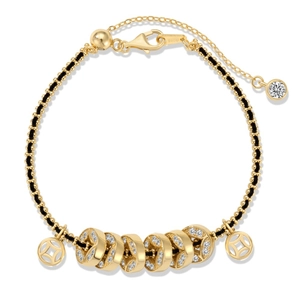 Bracciale S925 in argento sterling con treccia nera, monete d'oro e cristalli scintillanti