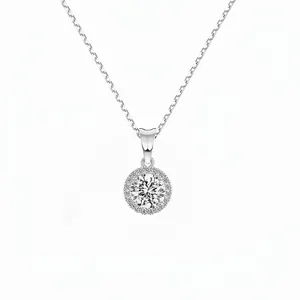 925 Sterling Silver Halo Pendant Necklace For Women Round Zirconia Elegant French Style Minimalist Party Wedding Jewelry