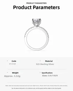 Detailed specs of S925 sterling silver ring with 3.52g weight and six-prong setting