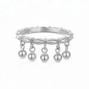 925 Sterling Silver Wave Ring For Women Dainty Ring With Round Ball Tassel Pendant Elegant Minimalist Hand Jewelry Finger Ring Gift