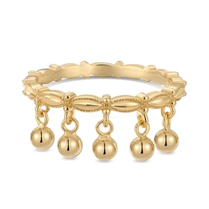 Polished gold S925 sterling silver wavy ring featuring five dangling bead pendants