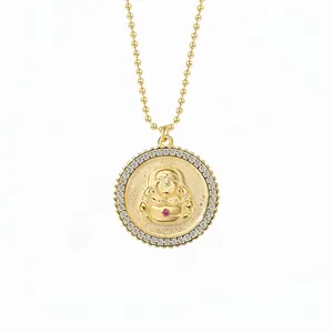 S925 Argento Sterling Buddha Maitreya Ciondolo Collana Per Donna Tondo Strass Intarsiato Placcato Oro Etnico Catena Della Clavicola Gioielli