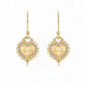 S925 Sterling Silver Heart Dangle Earrings For Women Gold Plated Brushed Star Pattern Rhinestone Inlaid Exquisite Jewelry