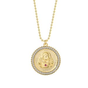 Collana con ciondolo Buddha Maitreya in argento S925, gemma rosa e catena a sfere