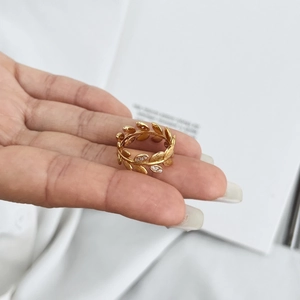 Bague élégante en argent S925 doré avec motif de feuille d'olivier et diamants brillants