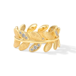 Bague en argent S925 doré avec motif de feuilles de blé givrées et diamants incrustés