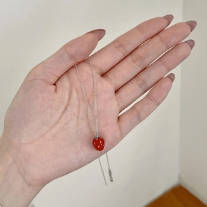 S925 sterling silver strawberry pendant necklace with red enamel finish for women