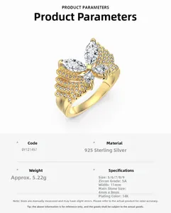 Vue macro de la bague papillon en argent S925 avec zircon marquise et spécifications