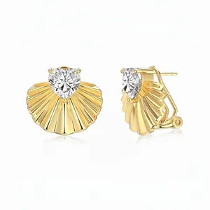 925 Sterling Silver Heart Zirconia Fan Stud Earrings Gold Plated Geometric Elegant Fashion Jewelry For Women Everyday Gift