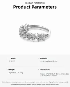 Bague en argent 925 avec fleurs en zircone blanche et tableau détaillé des spécifications