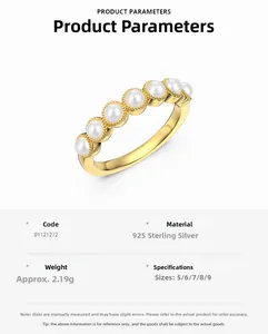 Detailed size specifications for a gold-plated 925 sterling silver ring with 7 pearls