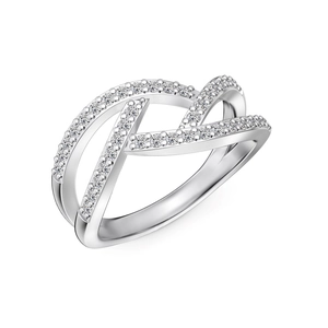 Exquisite S925 sterling silver ring with criss-cross hollow design and pave set crystals