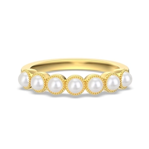 Elegant gold S925 silver ring featuring seven pearls with milgrain detail on white background