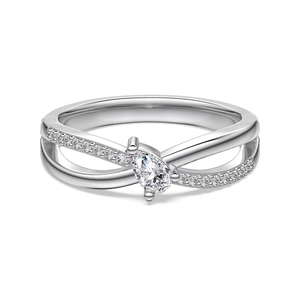 Exquisite S925 silver ring featuring a pear-cut drop stone and criss-cross diamond bands