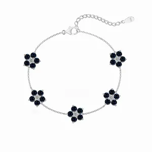 Elegant 925 Sterling Silver Bracelet For Women Five Blue Zirconia Flower Charms Dainty Silver Chain Adjustable Jewelry Gift