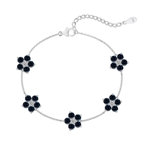 Elegant S925 sterling silver bracelet featuring five blue floral charms with white stones