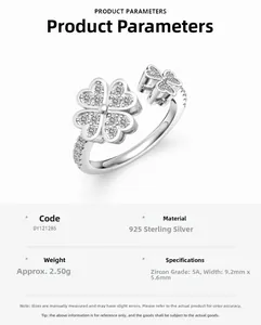 Detailed view of S925 sterling silver four-leaf clover ring with 5A grade cubic zirconia