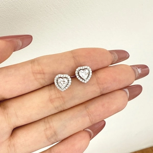 S925 sterling silver halo stud earrings with heart-shaped sparkling cubic zirconia stones