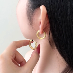 Frosted S925 sterling silver hoop earrings with cubic zirconia worn on a female model