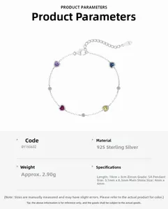 Detailed S925 sterling silver bracelet featuring colorful heart-shaped cubic zirconia charms