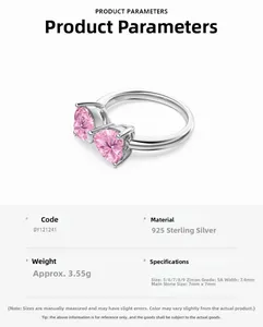 Specifiche dell'anello in argento S925 con doppio zircone rosa a cuore e dati tecnici