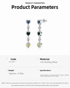 Macro detail of S925 silver earrings with vertical blue, green, and yellow heart zircons