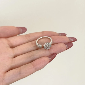 Exquisite S925 sterling silver open ring featuring sparkling clover flower design for women