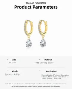 Macro detail of 925 sterling silver hoop earrings with 5A water drop zircon pendants