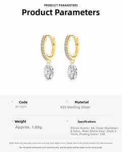 Detail specifications of 925 sterling silver gold oval cubic zirconia hoop earrings