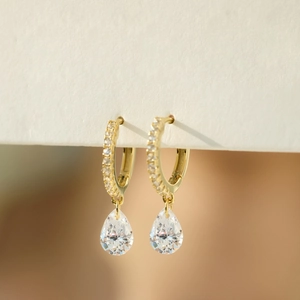 Macro shot of gold S925 silver teardrop earrings with cubic zirconia stones
