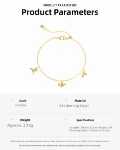 Vue macro du bracelet colibri en argent S925 doré avec zircons 5A étincelants