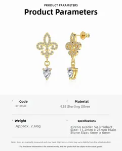 Detailed spec sheet for S925 sterling silver fleur-de-lis earrings with 5A cubic zirconia