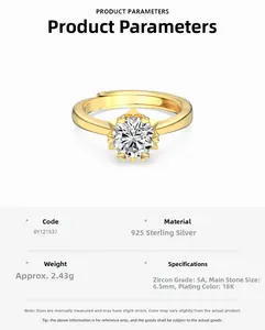 Specifications of 925 sterling silver ring with 6.5mm zircon and 18K gold plating
