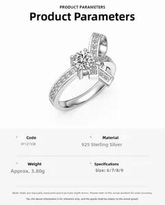 Macro detail of S925 sterling silver bow ring featuring sparkling zircon inlay and dimensions