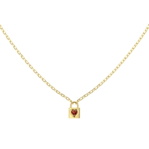 Elegant gold S925 silver necklace featuring a heart-shaped red zircon lock pendant