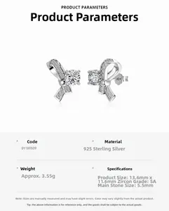 S925 sterling silver bow earrings specifications with dimensions and material details