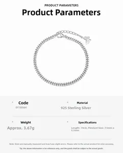 Detailed specs of S925 sterling silver butterfly bracelet weighing 3.67g with lobster clasp