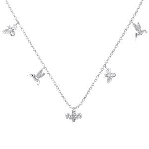 Collier en argent sterling S925 avec pendentifs colibri et abeille sertis de cristaux