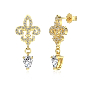 Luxurious S925 silver gold fleur-de-lis earrings with shimmering pave-set diamonds