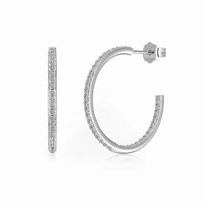Boucles d'Oreilles Créoles en C en Argent Sterling 925 pour Femmes Zirconia Pavé Plaqué Platine Bijoux de Mode Urbaine