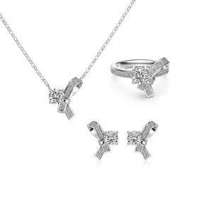 S925 Sterling Silver Bowknot Jewelry Set For Women Zirconia Inlaid Bow Ribbon Necklace Earrings Ring Elegant Party Jewelry