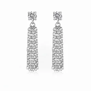 925 Sterling Silver Tassel Chain Earrings For Women French Light Luxury Zirconia Geometric Long Stud Earrings Fashion Jewelry Gift