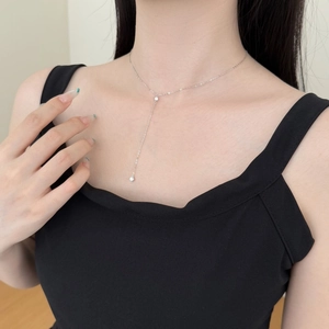 Elegant S925 sterling silver Y-shaped tassel necklace with sparkling round zircon pendants