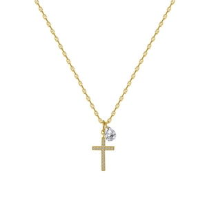 Collier en argent S925 doré avec croix en zircon et pendentif en cristal poire