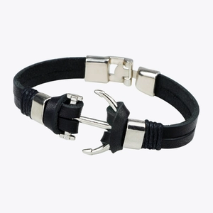 Double-layer black leather anchor bracelet with polished silver nautical buckle