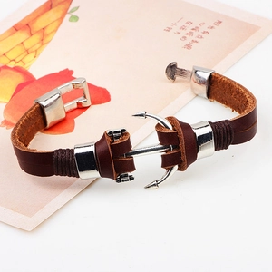 Vintage anchor leather bracelet with dark brown braided cords and silver metal clasp